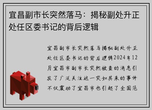 宜昌副市长突然落马：揭秘副处升正处任区委书记的背后逻辑