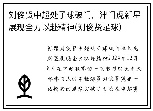 刘俊贤中超处子球破门，津门虎新星展现全力以赴精神(刘俊贤足球)